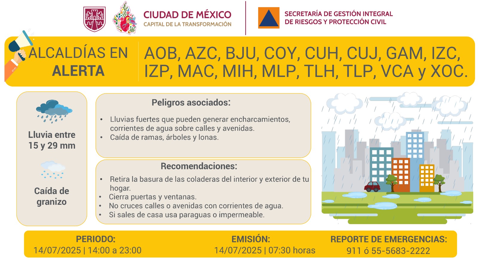 CDMX emite alerta amarilla por lluvias intensas y granizo este lunes CDMX emite alerta amarilla por lluvias intensas y granizo este lunes